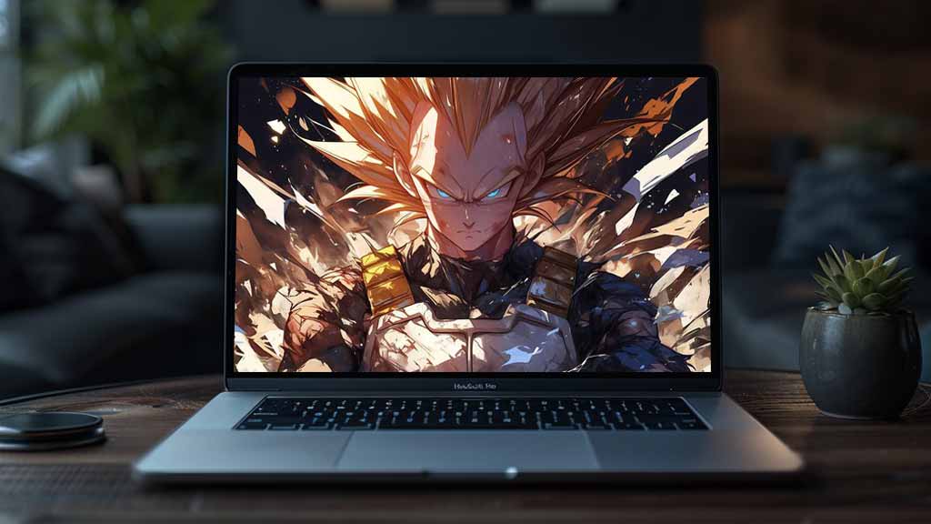 Fond d'écran Dragon Ball fan art 4K montrant Vegeta en Super Saiyan avec des cheveux d'or hérissés, des yeux bleus et une armure Saiyan Fond d'écran gratuit pour pc & mobile