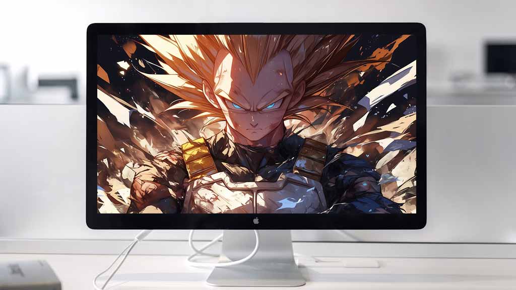 Fond d'écran Dragon Ball fan art 4K montrant Vegeta en Super Saiyan avec des cheveux d'or hérissés, des yeux bleus et une armure Saiyan Fond d'écran gratuit pour pc & mobile