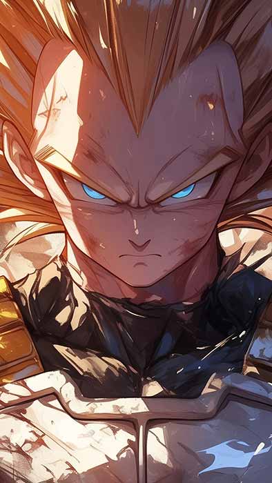 Fond d'écran Dragon Ball fan art 4K montrant Vegeta en Super Saiyan avec des cheveux d'or hérissés, des yeux bleus et une armure Saiyan Fond d'écran gratuit pour pc & mobile