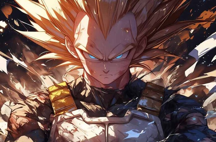 Fond d'écran Dragon Ball fan art 4K montrant Vegeta en Super Saiyan avec des cheveux d'or hérissés, des yeux bleus et une armure Saiyan Fond d'écran gratuit pour pc & mobile