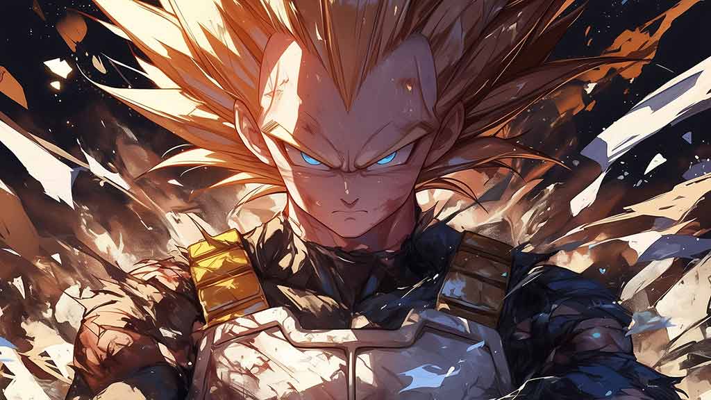 Fond d'écran Dragon Ball fan art 4K montrant Vegeta en Super Saiyan avec des cheveux d'or hérissés, des yeux bleus et une armure Saiyan Fond d'écran gratuit pour pc & mobile