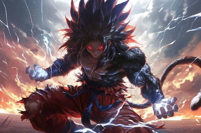 Fond d'écran Dragon Ball Super Saiyan 4 Goku 4k avec effets d'éclairs, ciel orageux, et puissante aura énergétique Fond d'écran Ultra HD gratuit pour pc & mobile