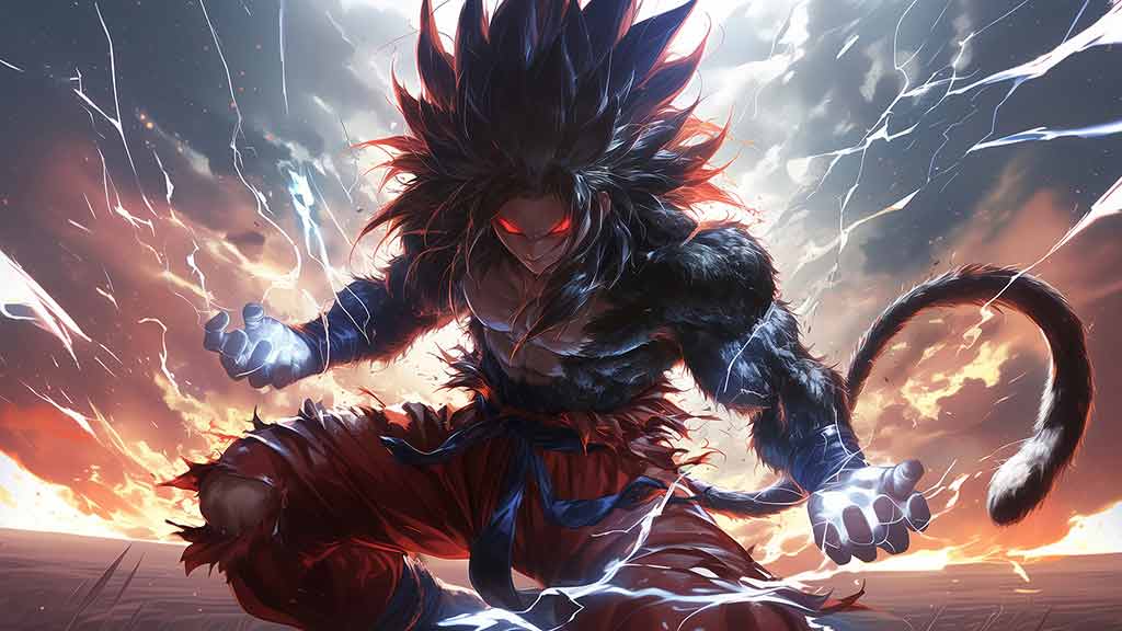 Fond d'écran Dragon Ball Super Saiyan 4 Goku 4k avec effets d'éclairs, ciel orageux, et puissante aura énergétique Fond d'écran Ultra HD gratuit pour pc & mobile