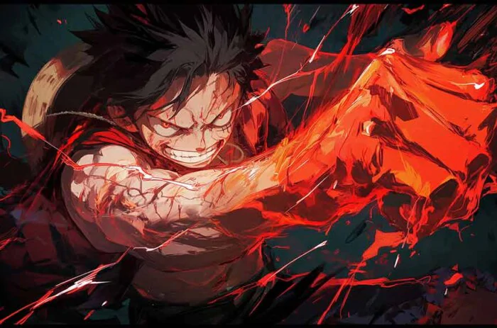 Fond d'écran de scène d'attaque dynamique One Piece Luffy 4K avec effets de feu et énergie explosive dans un style d'art anime ultra HD téléchargement gratuit pour téléphone mobile et iPhone