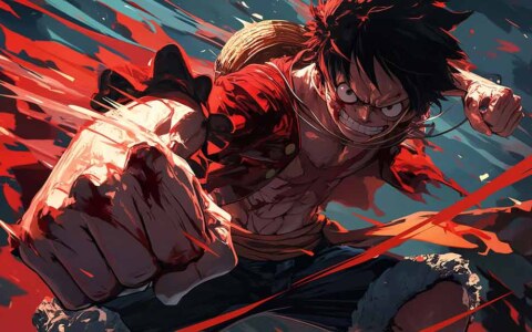 Fond d'écran 4K de Monkey D. Luffy en combat intense, pose dynamique de l'anime One Piece, arrière-plan HD gratuit à télécharger pour PC et téléphone portable