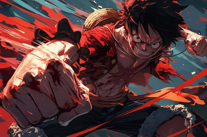 Fond d'écran 4K de Monkey D. Luffy en combat intense, pose dynamique de l'anime One Piece, arrière-plan HD gratuit à télécharger pour PC et téléphone portable