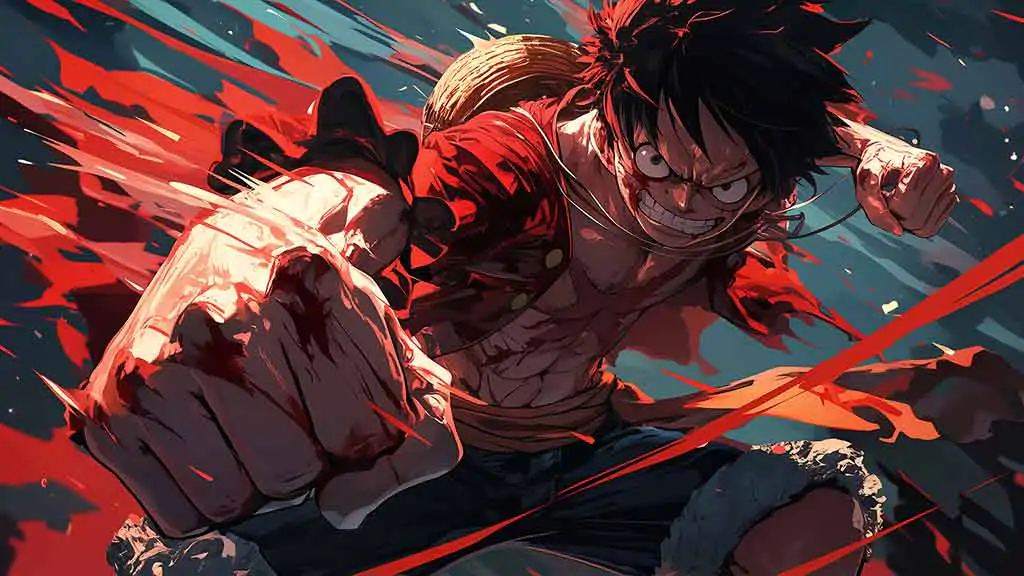 Fond d'écran 4K de Monkey D. Luffy en combat intense, pose dynamique de l'anime One Piece, arrière-plan HD gratuit à télécharger pour PC et téléphone portable