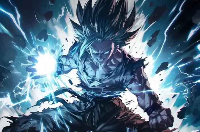 Fond d'écran Dragon Ball Goku exécutant la vague Kamehameha 4k avec une explosion d'énergie bleue intense Fond d'écran gratuit pour PC et téléphone portable