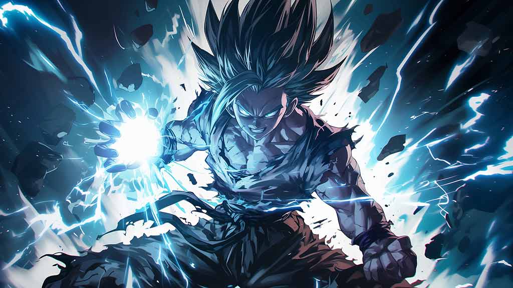 Fond d'écran Dragon Ball Goku exécutant la vague Kamehameha 4k avec une explosion d'énergie bleue intense Fond d'écran gratuit pour PC et téléphone portable