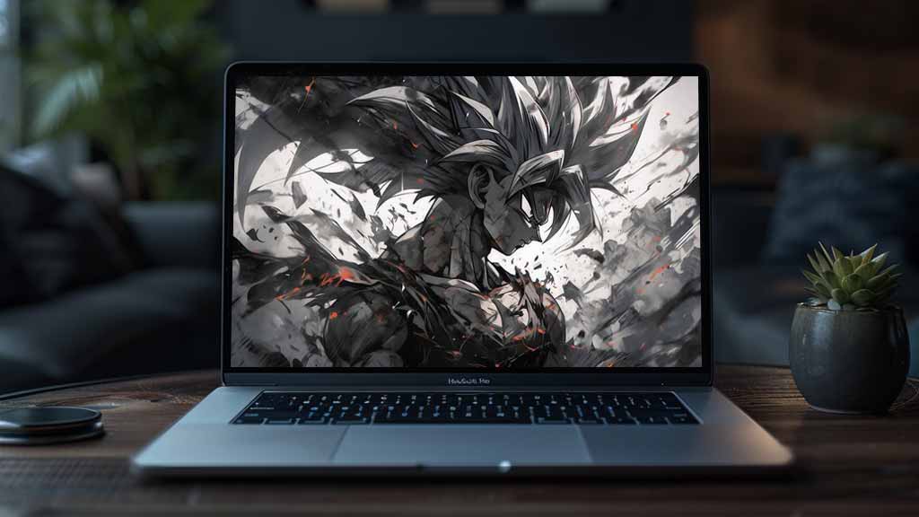 Fond d'écran artistique noir et blanc Dragon Ball 4k représentant Goku avec des mouvements de cheveux dynamiques et des effets de lumière dramatiques Fond d'écran Ultra HD gratuit pour Pc & Mobile