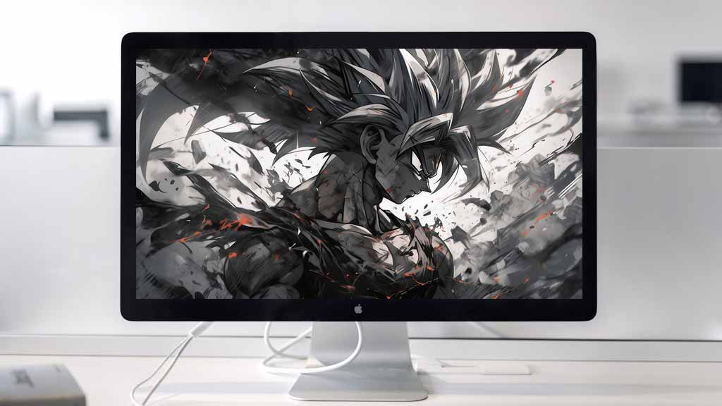 Fond d'écran artistique noir et blanc Dragon Ball 4k représentant Goku avec des mouvements de cheveux dynamiques et des effets de lumière dramatiques Fond d'écran Ultra HD gratuit pour Pc & Mobile