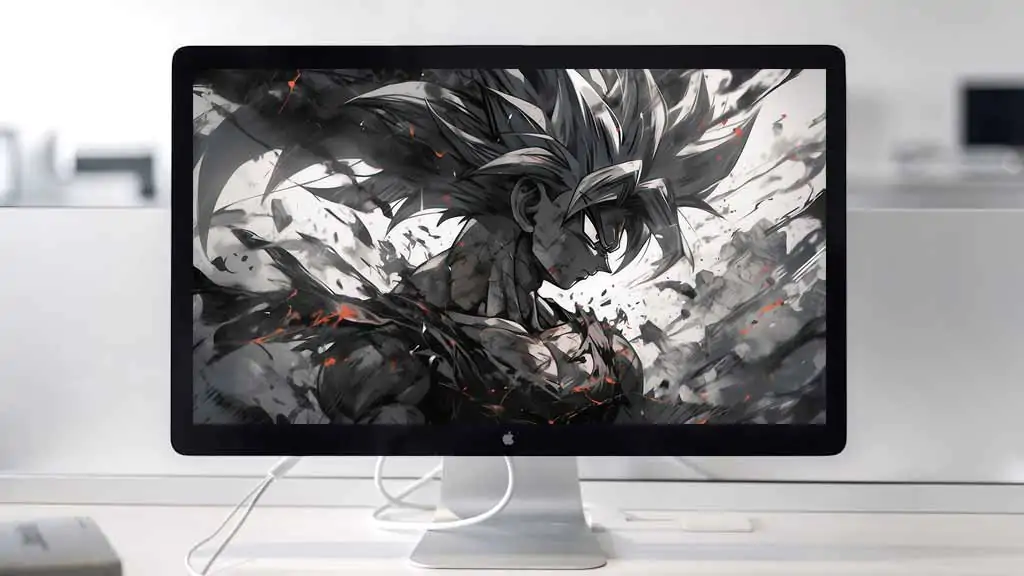 Artistic black and white Dragon Ball wallpaper 4k featuring Goku with dynamic hair movement and dramatic lighting effects Ultra HD background free for Pc & Mobile