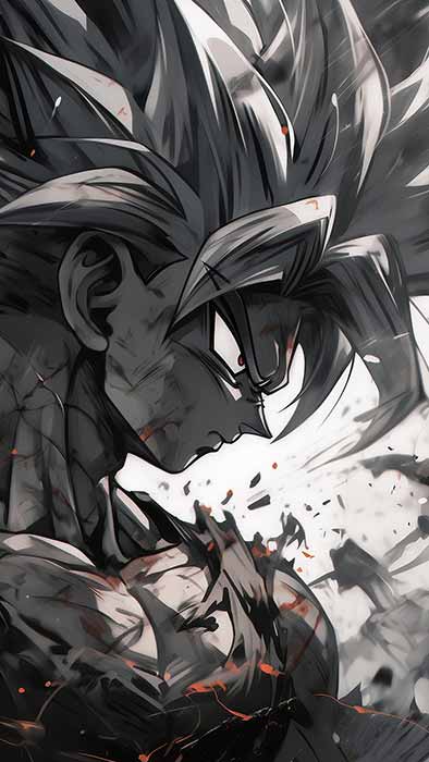 Fond d'écran artistique noir et blanc Dragon Ball 4k représentant Goku avec des mouvements de cheveux dynamiques et des effets de lumière dramatiques Fond d'écran Ultra HD gratuit pour Pc & Mobile