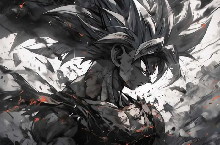 Fond d'écran artistique noir et blanc Dragon Ball 4k représentant Goku avec des mouvements de cheveux dynamiques et des effets de lumière dramatiques Fond d'écran Ultra HD gratuit pour Pc & Mobile