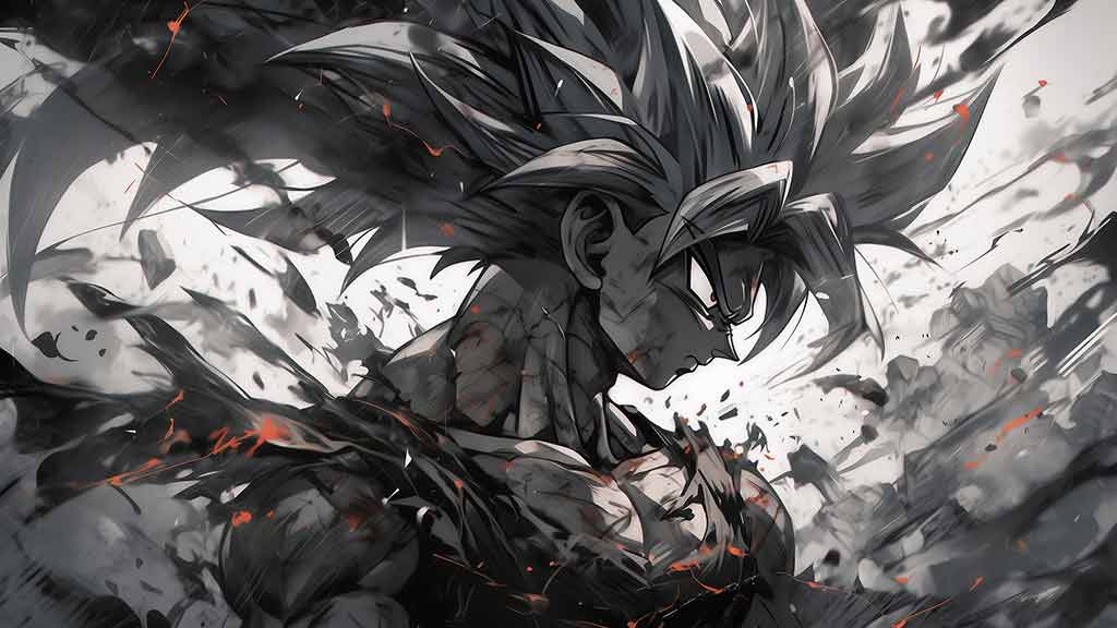 Fond d'écran artistique noir et blanc Dragon Ball 4k représentant Goku avec des mouvements de cheveux dynamiques et des effets de lumière dramatiques Fond d'écran Ultra HD gratuit pour Pc & Mobile