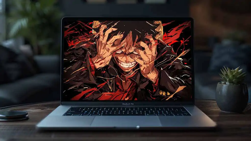 Monkey D. Luffy, avec son sourire intense, fond d'écran 4K avec geste de la main et effets rouges dynamiques de l'anime One Piece, fond d'écran HD à télécharger gratuitement.