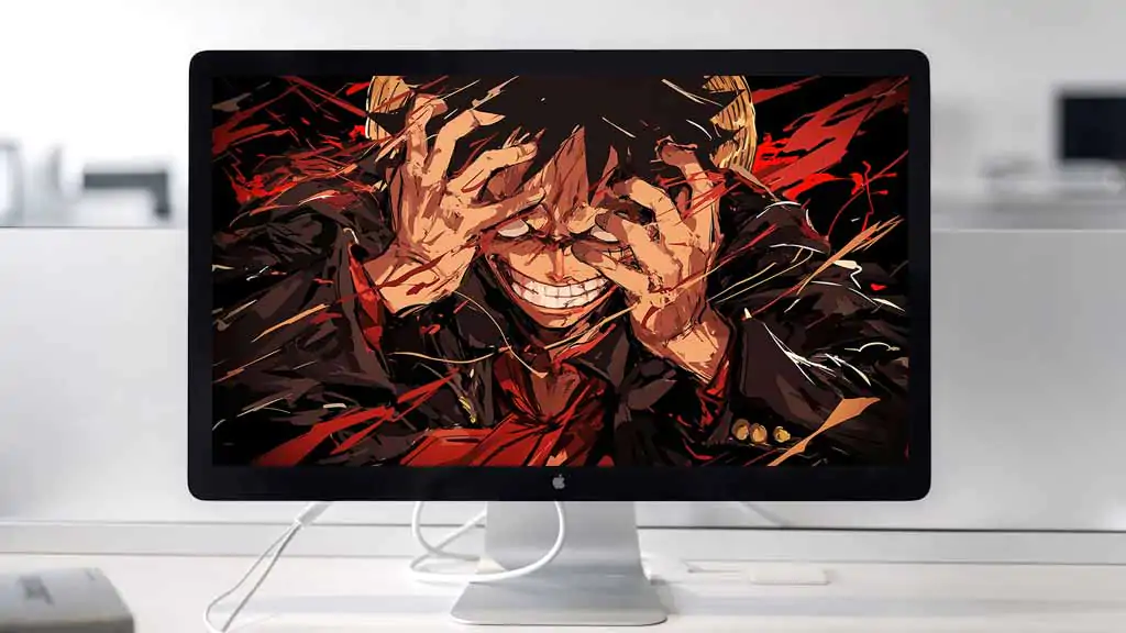 Monkey D. Luffy, avec son sourire intense, fond d'écran 4K avec geste de la main et effets rouges dynamiques de l'anime One Piece, fond d'écran HD à télécharger gratuitement.