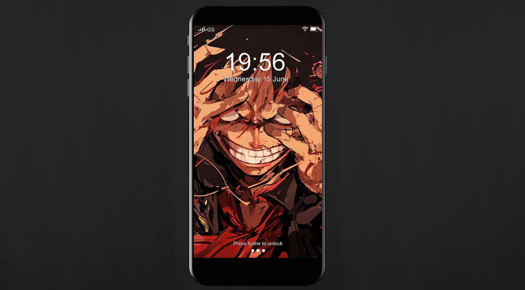 Monkey D. Luffy intense grin wallpaper 4K with hand gesture and dynamic red effects from One Piece anime crazy mode HD wallpaper free download