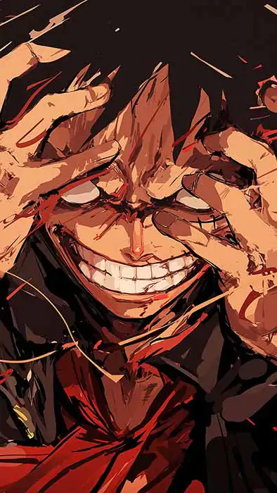 Monkey D. Luffy, avec son sourire intense, fond d'écran 4K avec geste de la main et effets rouges dynamiques de l'anime One Piece, fond d'écran HD à télécharger gratuitement.