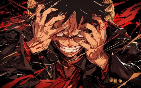 Monkey D. Luffy, avec son sourire intense, fond d'écran 4K avec geste de la main et effets rouges dynamiques de l'anime One Piece, fond d'écran HD à télécharger gratuitement.