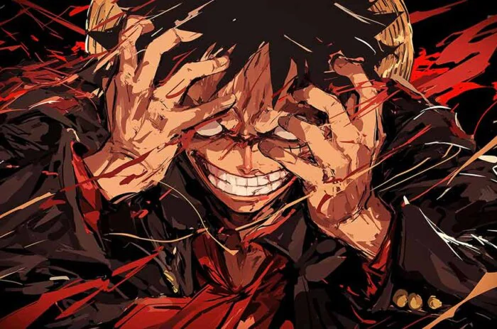 Monkey D. Luffy, avec son sourire intense, fond d'écran 4K avec geste de la main et effets rouges dynamiques de l'anime One Piece, fond d'écran HD à télécharger gratuitement.