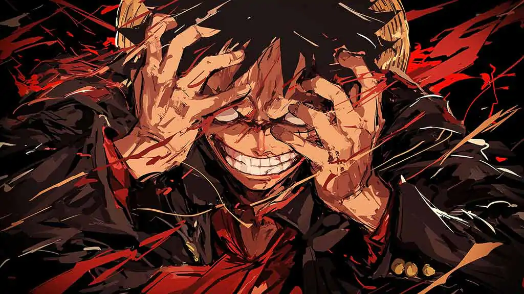 Monkey D. Luffy intense grin wallpaper 4K with hand gesture and dynamic red effects from One Piece anime crazy mode HD wallpaper free download