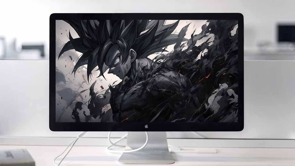 Fond d'écran Dragon Ball Goku Black 4K avec effets de fumée sombre et expression maléfique en monochrome, arrière-plan Ultra HD gratuit pour PC et mobile