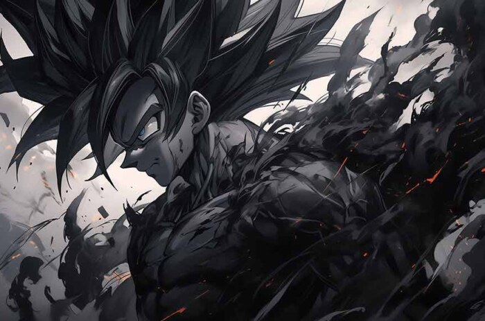 Fond d'écran Dragon Ball Goku Black 4K avec effets de fumée sombre et expression maléfique en monochrome, arrière-plan Ultra HD gratuit pour PC et mobile