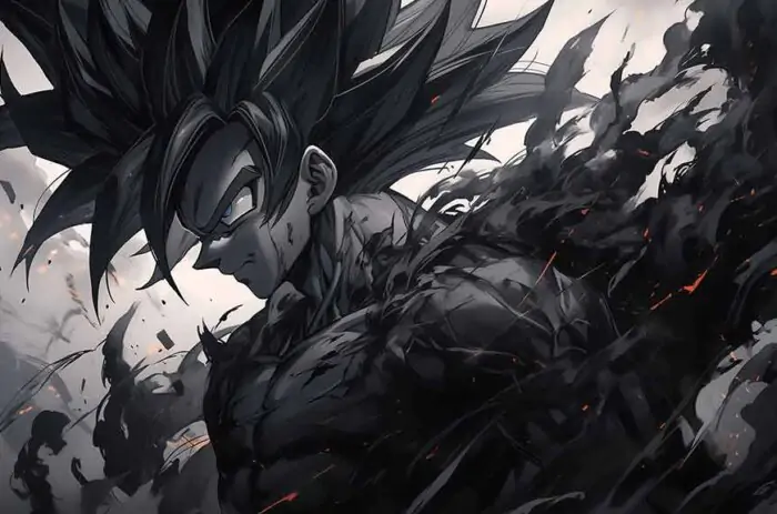 Dragon Ball Goku Black wallpaper 4K dark smoky effects and evil expression in monochromatic Ultra HD Background free for Pc & Mobile