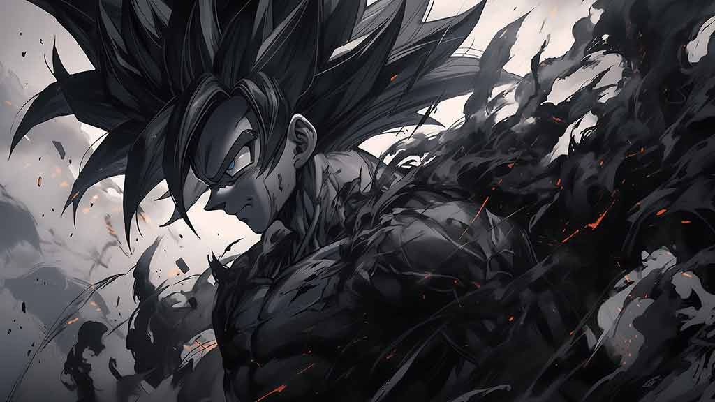 Fond d'écran Dragon Ball Goku Black 4K avec effets de fumée sombre et expression maléfique en monochrome, arrière-plan Ultra HD gratuit pour PC et mobile
