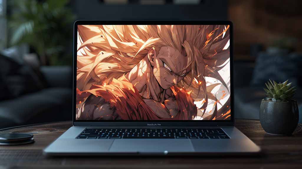 Dragon Ball fan art représentant Goku en forme Super Saiyan 3 avec des cheveux dorés flottants et une expression intense au milieu d'effets ardents Gratuit pour Pc & Mobile