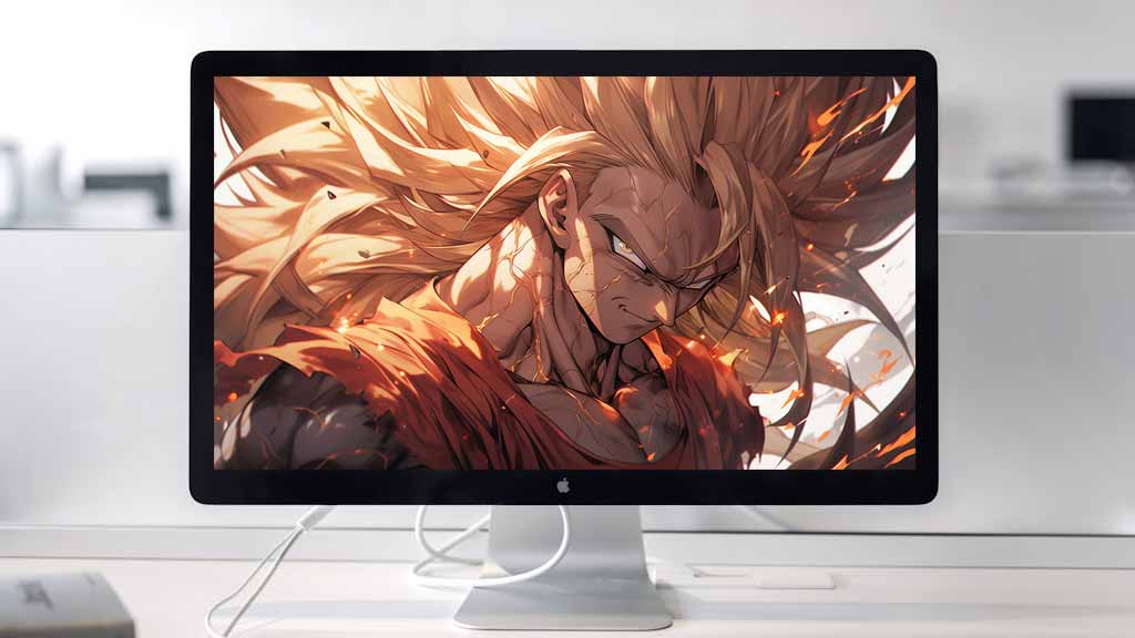 Dragon Ball fan art représentant Goku en forme Super Saiyan 3 avec des cheveux dorés flottants et une expression intense au milieu d'effets ardents Gratuit pour Pc & Mobile
