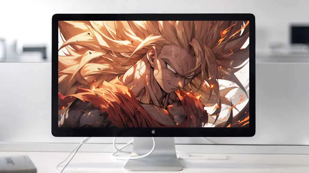 Dragon Ball fan art featuring Goku in Super Saiyan 3 form with flowing golden hair and intense expression amid fiery effects Free for Pc & Mobile