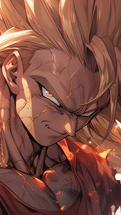 Dragon Ball fan art représentant Goku en forme Super Saiyan 3 avec des cheveux dorés flottants et une expression intense au milieu d'effets ardents Gratuit pour Pc & Mobile