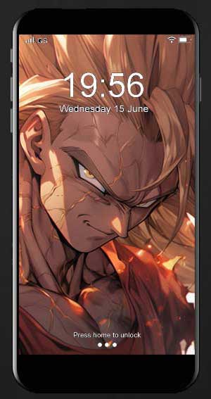 Dragon Ball fan art représentant Goku en forme Super Saiyan 3 avec des cheveux dorés flottants et une expression intense au milieu d'effets ardents Gratuit pour Pc & Mobile