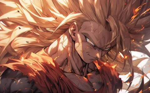 Dragon Ball fan art featuring Goku in Super Saiyan 3 form with flowing golden hair and intense expression amid fiery effects Free for Pc & Mobile