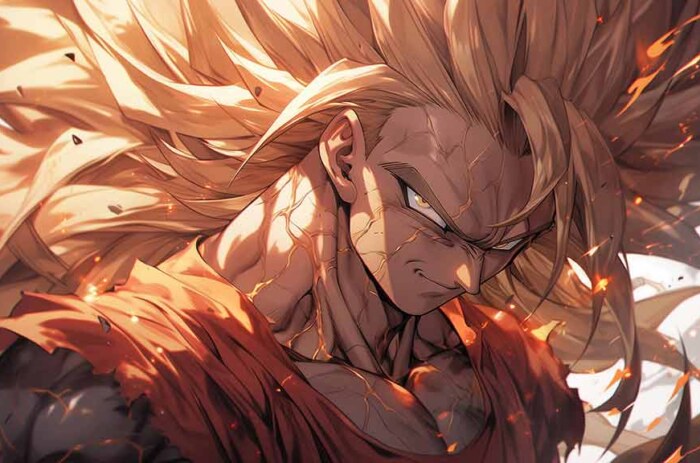 Dragon Ball fan art représentant Goku en forme Super Saiyan 3 avec des cheveux dorés flottants et une expression intense au milieu d'effets ardents Gratuit pour Pc & Mobile