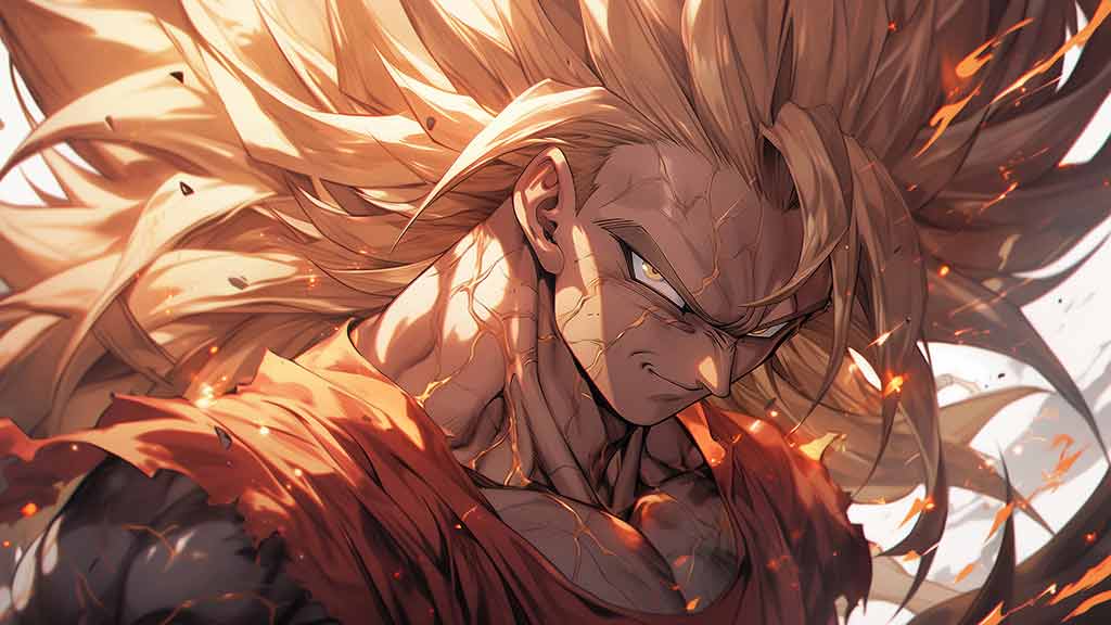 Dragon Ball fan art représentant Goku en forme Super Saiyan 3 avec des cheveux dorés flottants et une expression intense au milieu d'effets ardents Gratuit pour Pc & Mobile