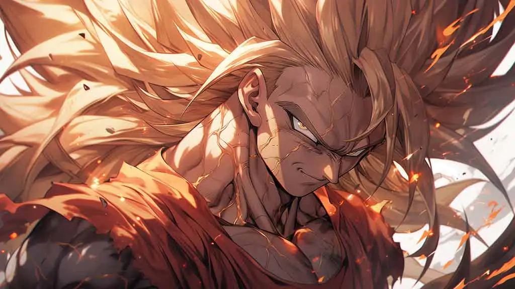 Dragon Ball fan art featuring Goku in Super Saiyan 3 form with flowing golden hair and intense expression amid fiery effects Free for Pc & Mobile