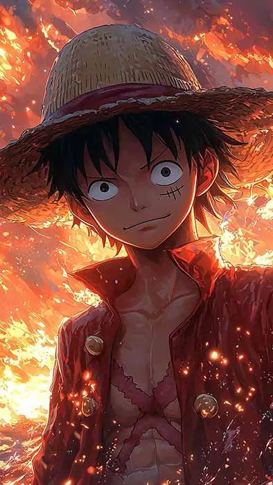 Fond d'écran de scène d'attaque dynamique One Piece Luffy 4K avec effets de feu et énergie explosive dans un style d'art anime ultra HD téléchargement gratuit pour téléphone mobile et iPhone