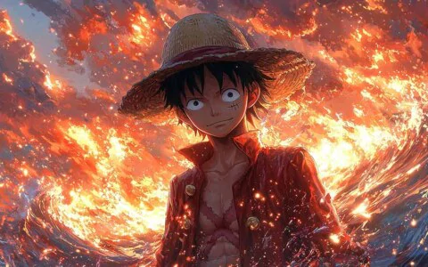 Epic Monkey D Luffy One Piece wallpaper 4K surrounded by dynamic flames, 4K Ultra HD background free download for PC and mobile Phone