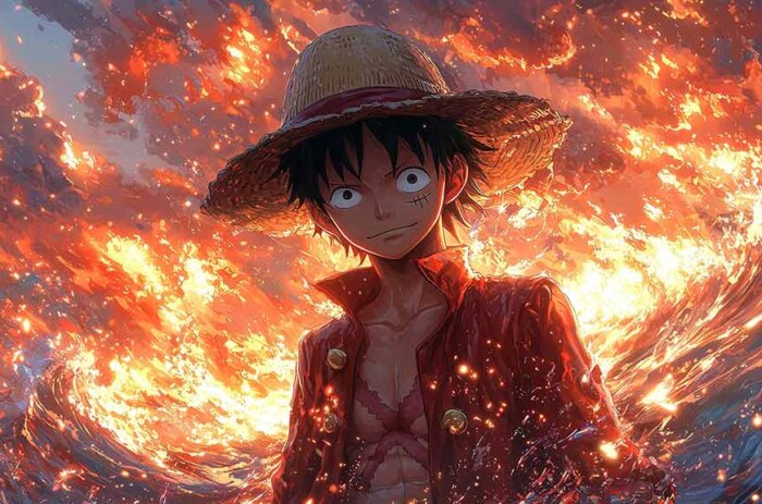 Fond d'écran Epic Monkey D Luffy One Piece 4K entouré de flammes dynamiques, téléchargement gratuit d'arrière-plan 4K Ultra HD pour PC et téléphone mobile