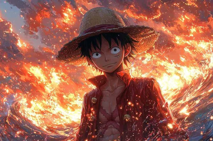 Fond d'écran de scène d'attaque dynamique One Piece Luffy 4K avec effets de feu et énergie explosive dans un style d'art anime ultra HD téléchargement gratuit pour téléphone mobile et iPhone