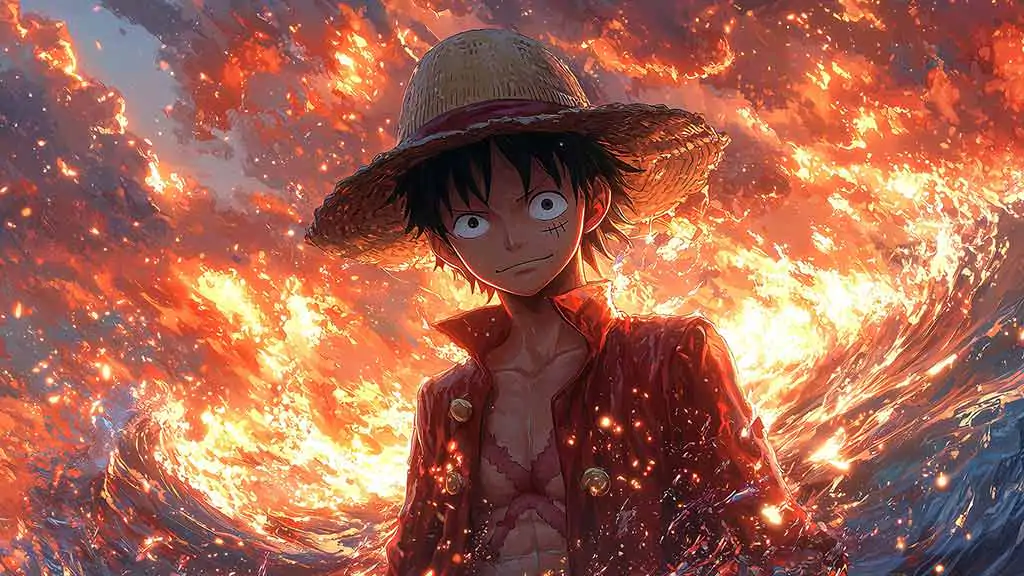 Fond d'écran de scène d'attaque dynamique One Piece Luffy 4K avec effets de feu et énergie explosive dans un style d'art anime ultra HD téléchargement gratuit pour téléphone mobile et iPhone