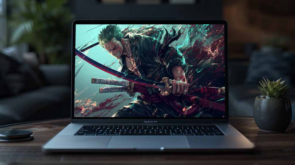 Fond d'écran Roronoa Zoro en position de combat avec katana et effets turquoise dynamiques de l'anime One Piece en fond d'écran HD 4K à télécharger gratuitement pour Pc et téléphone portable.