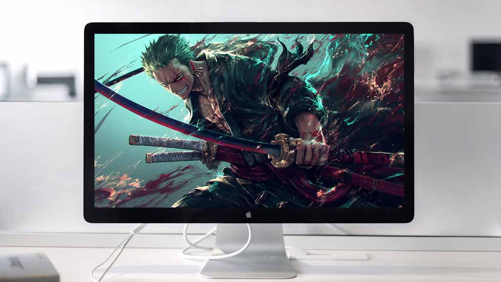 Fond d'écran Roronoa Zoro en position de combat avec katana et effets turquoise dynamiques de l'anime One Piece en fond d'écran HD 4K à télécharger gratuitement pour Pc et téléphone portable.