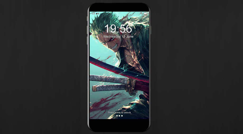 Fond d'écran Roronoa Zoro en position de combat avec katana et effets turquoise dynamiques de l'anime One Piece en fond d'écran HD 4K à télécharger gratuitement pour Pc et téléphone portable.