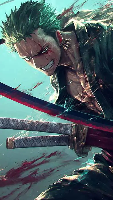 Roronoa Zoro combat stance wallpaper with katana and dynamic turquoise effects from One Piece anime in HD 4K background free download Pc & mobile phone