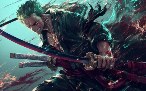 Fond d'écran Roronoa Zoro en position de combat avec katana et effets turquoise dynamiques de l'anime One Piece en fond d'écran HD 4K à télécharger gratuitement pour Pc et téléphone portable.