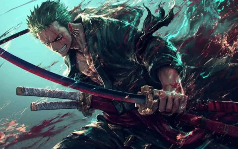 Roronoa Zoro combat stance wallpaper with katana and dynamic turquoise effects from One Piece anime in HD 4K background free download Pc & mobile phone